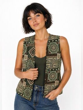 Vintage 70s Tapestry Vest Boho Hippie Earth Tone Geometric Open Front Handmade
